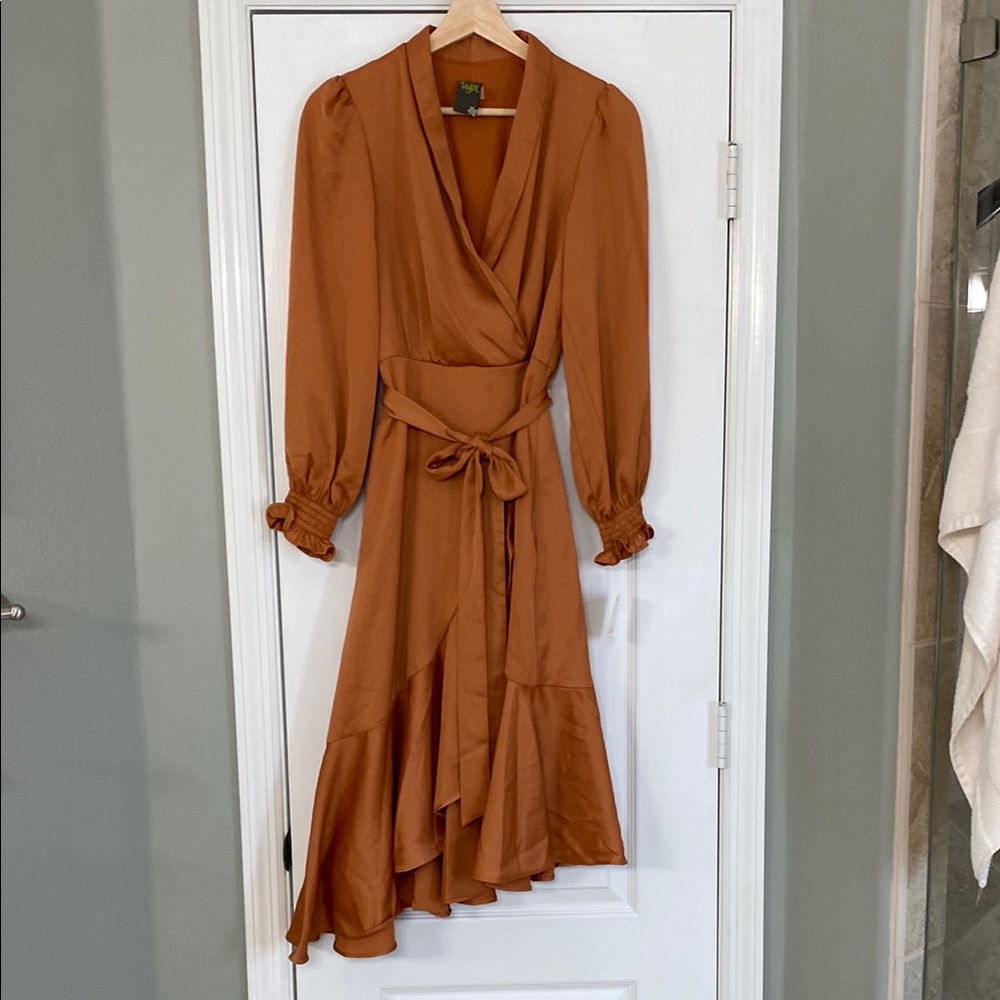 Taylor Orange Asymmetrical Wrap Dress with Plunge Neckline